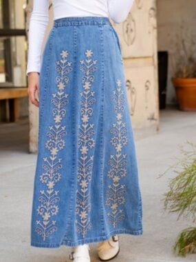 Embroidered Denim Maxi Skirt